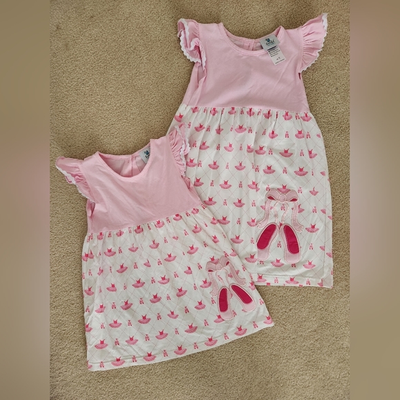Smocked Polkadot dresses with ballet shoe appliqués, sizes 3 and 5. - Picture 1 of 1